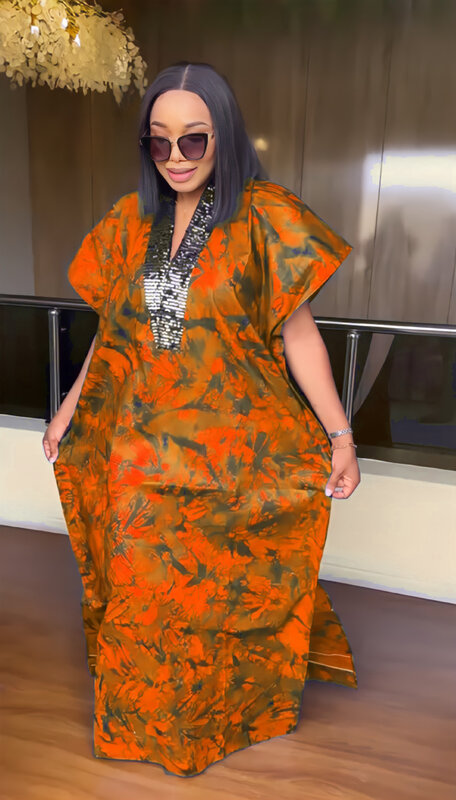 2023 Polyester African Dresses for Women Summer African Short Sleeve V-neck Sequined Plus Size Long Robes African Clothes Women