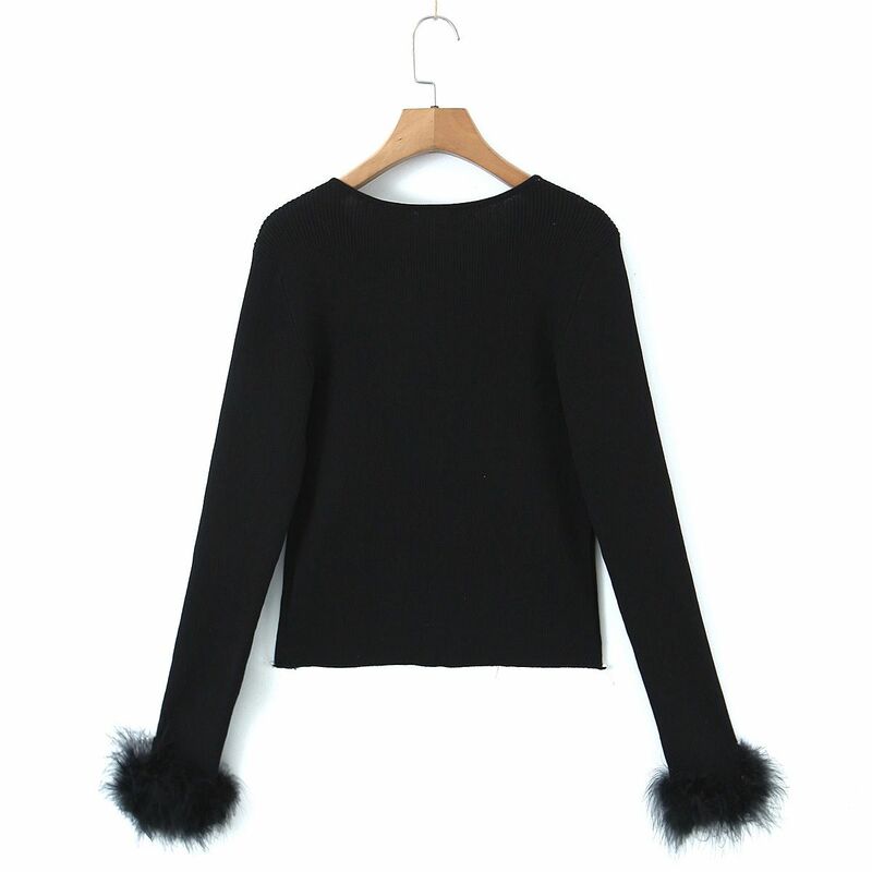 2023 Autumn Good Quality Clothes Wome Cardigan Plus Size Evening In Paris Fur Cuffs Sweater Slim Black Curve Knitted Outewear