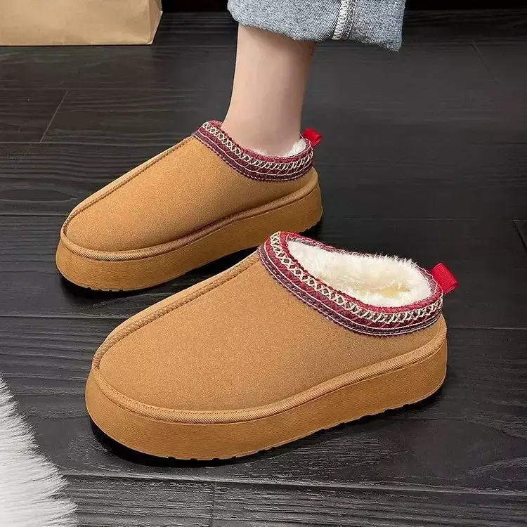 Zapatillas de lana con plataforma para mujer, zapatos cálidos de piel de oveja, 2024