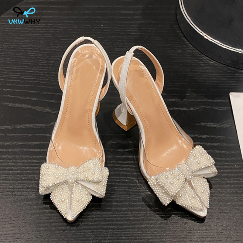 Fashion Design White Pearl Bowknot Women Pumps Sexy Pointed Toe High Heels Wedding Prom Shoe PVC Transparent Sandal Female
