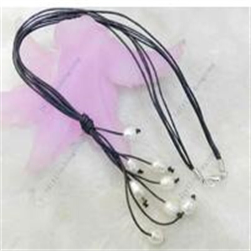 New Fashion Black Leather Rope  White Freshwater Pearl Necklace 20'' Long