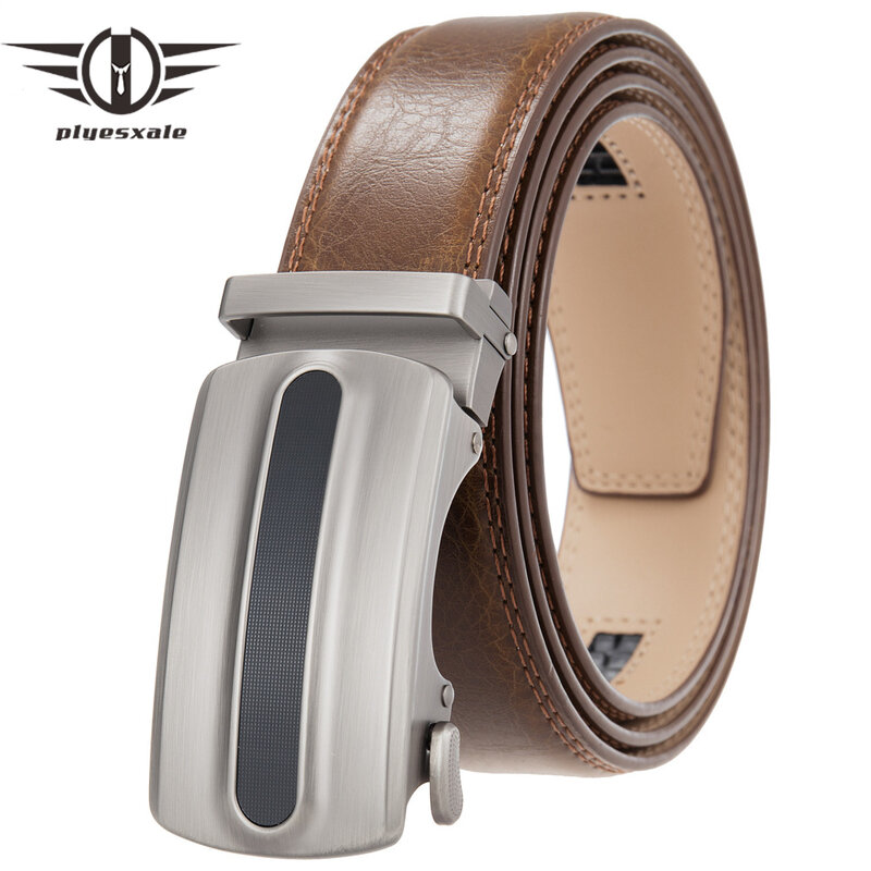 Plyesxale Luxury Mens Genuine Leather Ratchet Belt High Quality Alloy Automatic Buckle Belt For Men Brown Black Strap Male B1523