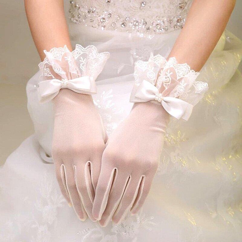 Sarung tangan pengantin, sarung tangan renda pendek pita musim gugur kinerja Retro