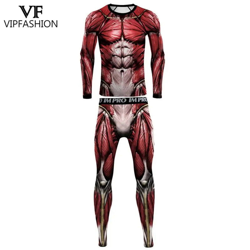 VIP FASHION Men Muscle Printed Shirt Leggings Halloween Cosplay Costume Sporty Gym Wear Bodybuilding Workout Set Fitness Clothes
