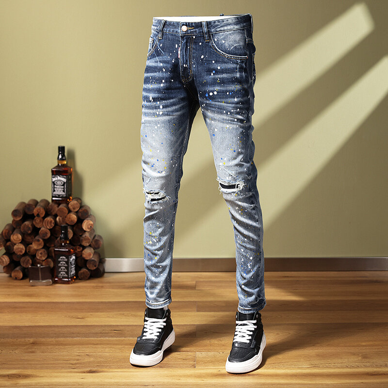 Джинсы мужские Стрейчевые в стиле ретро, рваные брюки-карандаш, Стрейчевые брюки с рисунком, стиль хип-хоп, синие, модные уличные