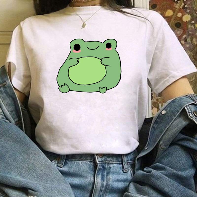 T-shirt manches courtes femme, estival et respirant, avec impression de petite grenouille, skateboard, tendance