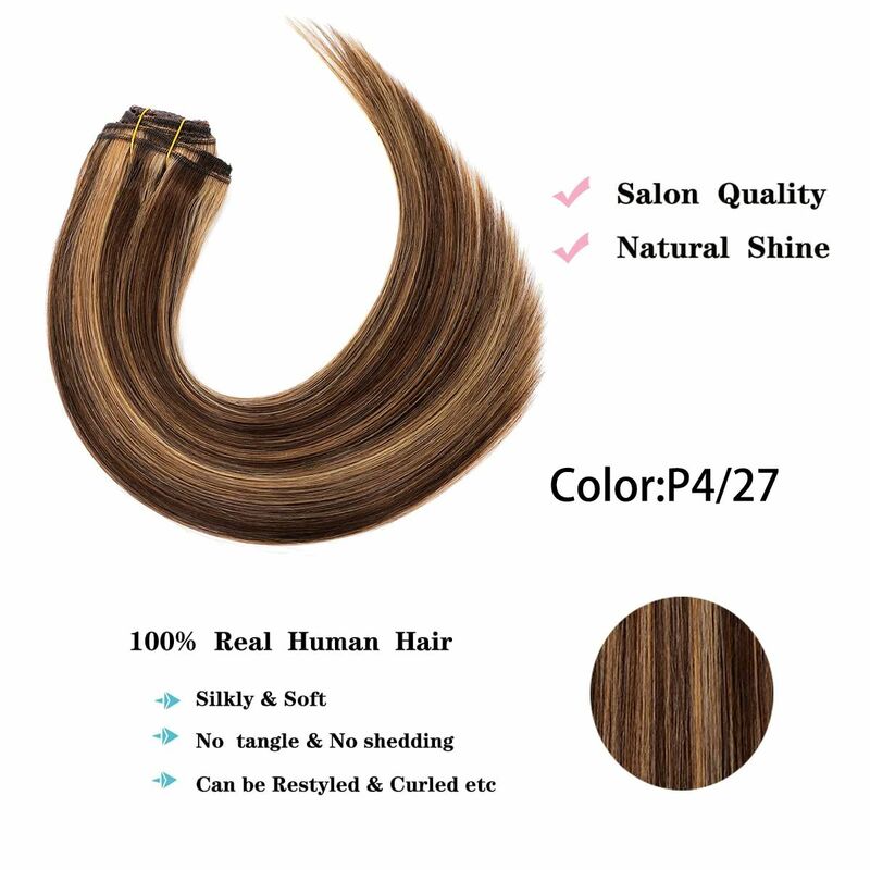 Extensiones de cabello humano brasileño, pelo liso con Clip, 8 piezas, Color Piano, #4, 27, doble trama, # P4/27