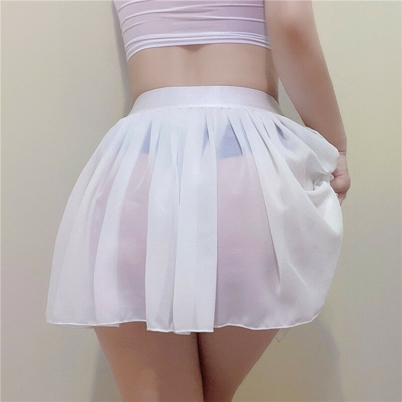 Mini-saia plissada de chiffon feminino, cintura alta, transparente, curta, sexy, festa