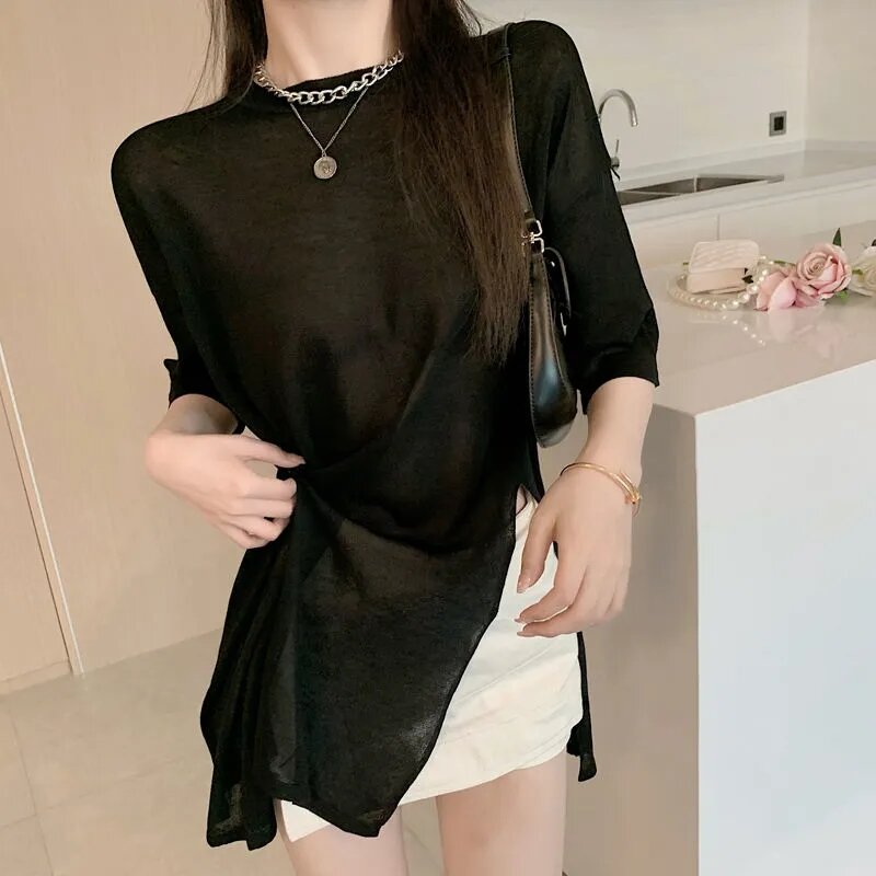 Fashion O-Neck Solid Color All-match Irregular T-Shirt Women's Clothing 2024 Summer New Casual Pullovers Asymmetrical Tee Shirt