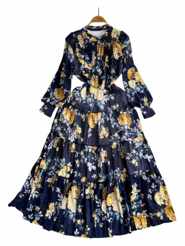 Retro Chic Gentle Style Flower Dress Women 2024 Early Spring Autumn Standing Neck Long Fashionable French Dress Elegant K675