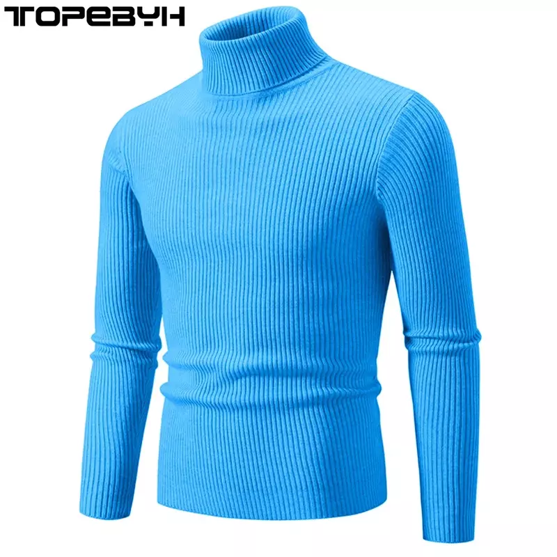 Camisa de malha com gola alta masculina, suéter de manga comprida slim fit, pulôver monocromático, tops outono e inverno