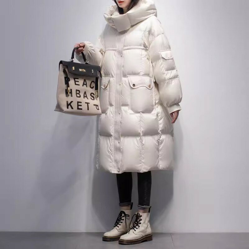 Chaqueta de plumón de pato con capucha para mujer, Parkas largas gruesas, cálidas, blancas, coreanas, bajo cero Celsius, color negro, invierno, 2023