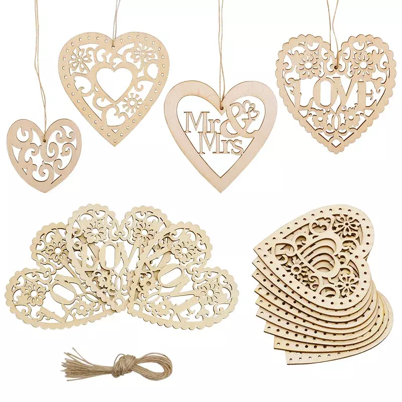 Abbellimento di matrimoni in legno taglio Laser Love Heart Hanging Ornament scatola per anelli in legno Mr Mrs decorazione di nozze rustica