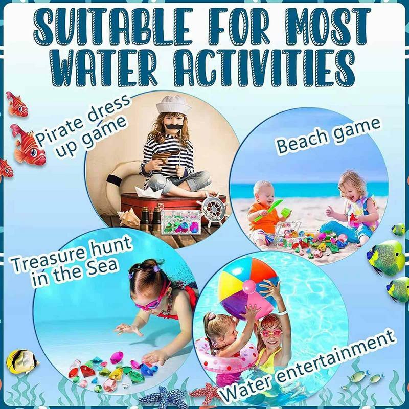 Gemas de buceo coloridas con caja de pecho de pirata del Tesoro, juguetes de piscina al aire libre, juego de piedras preciosas acrílicas Subacuáticas de verano para niños