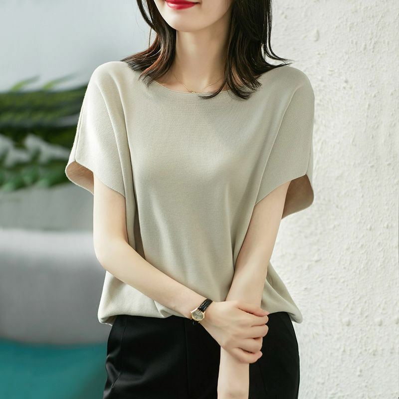Lodowy jedwab t-shirt z krótkim rękawem dla kobiet nowy letni jednolite, luźne eleganckie koszule dziewiarskie Temperament moda damska odzież