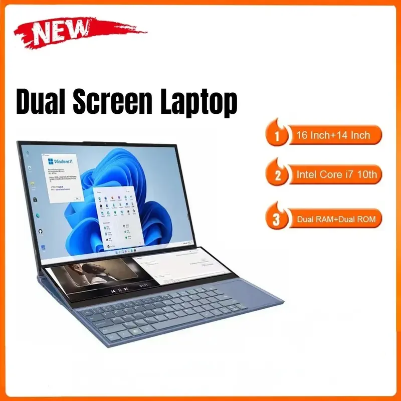 듀얼 스크린 노트북, 16.1 인치 + 14.1 인치 터치 스크린 코어 i7 10750H 프로세서, 게임용 노트북, DDR4 16 GB 32GB SSD 노트북 컴퓨터