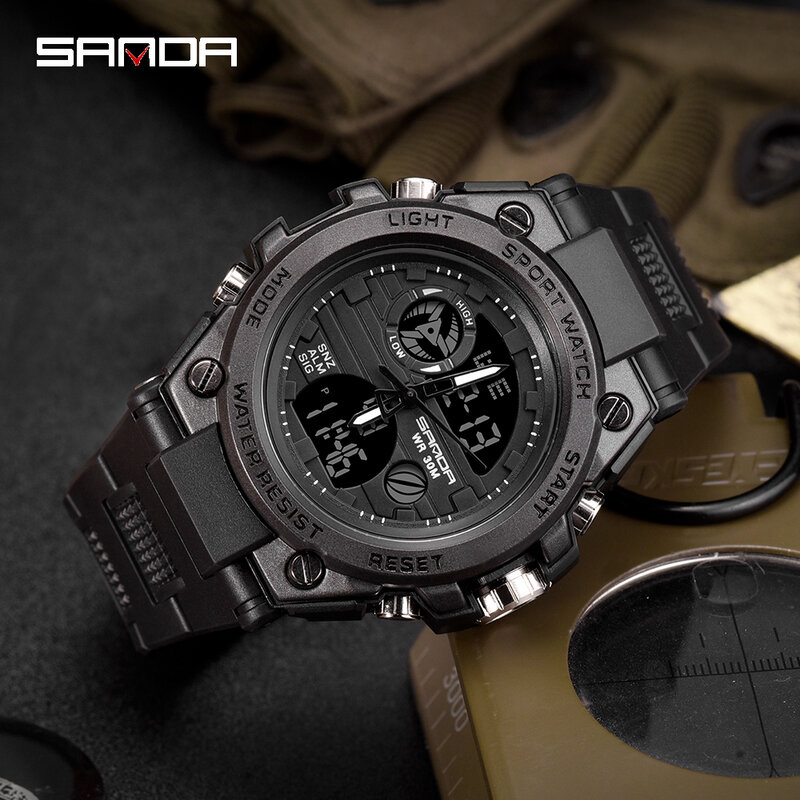 SANDA 739 Fashion Casual Men Watches LED Digital Luminous Sports Military Outdoors Quartz Clock 50M Waterproof Luxury Men Watch