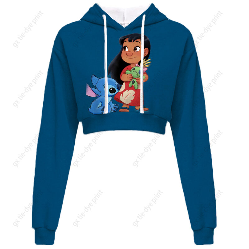 Fashion trend Disney Stitch printed embossed navel exposed long sleeved hoodie ultra-thin women's short sweater Y2K top