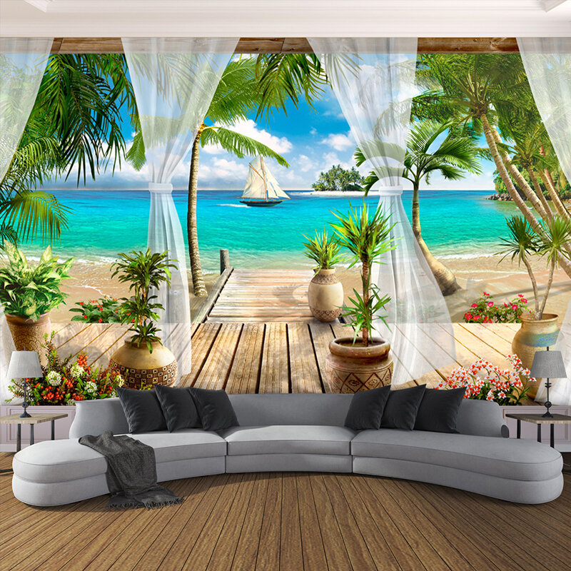 Papel de parede foto customizada 3D, fundo de parede com vista 3D para praia e mar com areia para sala de estar quarto sala de TV mural de parede decoração para casa