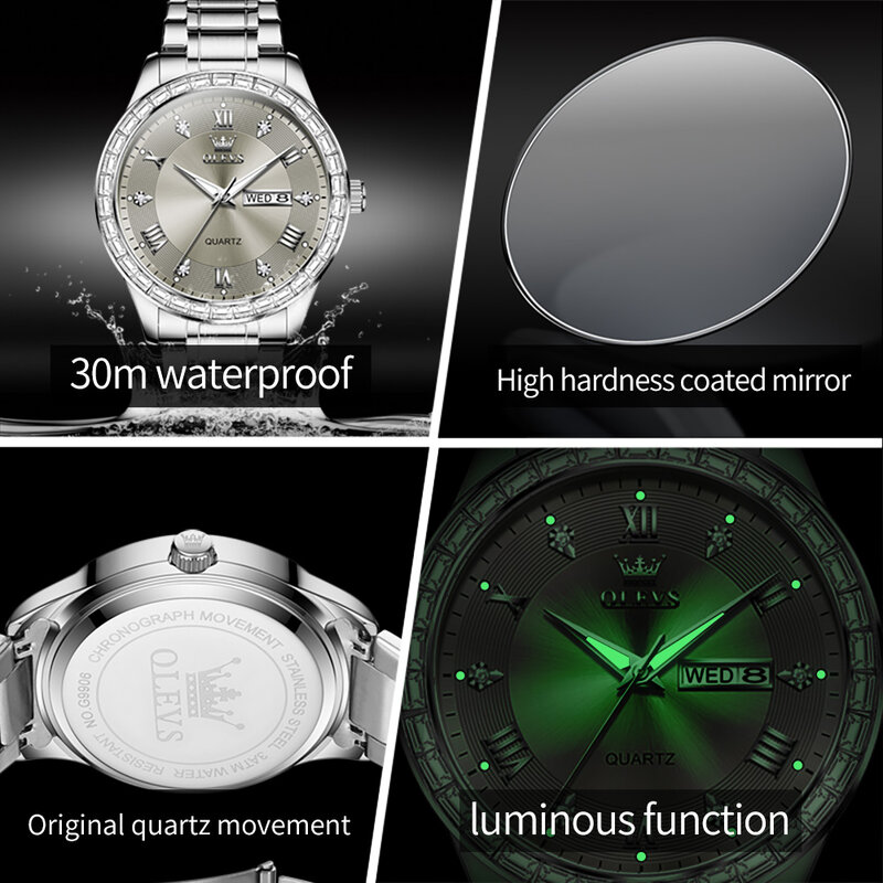 Olevs-メンズラグジュアリーダイヤモンドデザインクォーツ時計、ステンレススチール、防水、発光、週、日、ファッションウォッチ