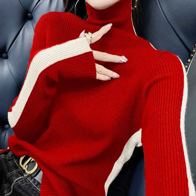 여성용 단색 패치워크 트렌드 터틀넥 스웨터, 2023 패션, 슬림 긴팔 풀오버, 니트 PH135, 겨울