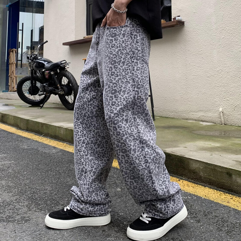 Джинсы мужские с леопардовым принтом, модные брендовые свободные прямые повседневные брюки из нейтрального денима в стиле хип-хоп