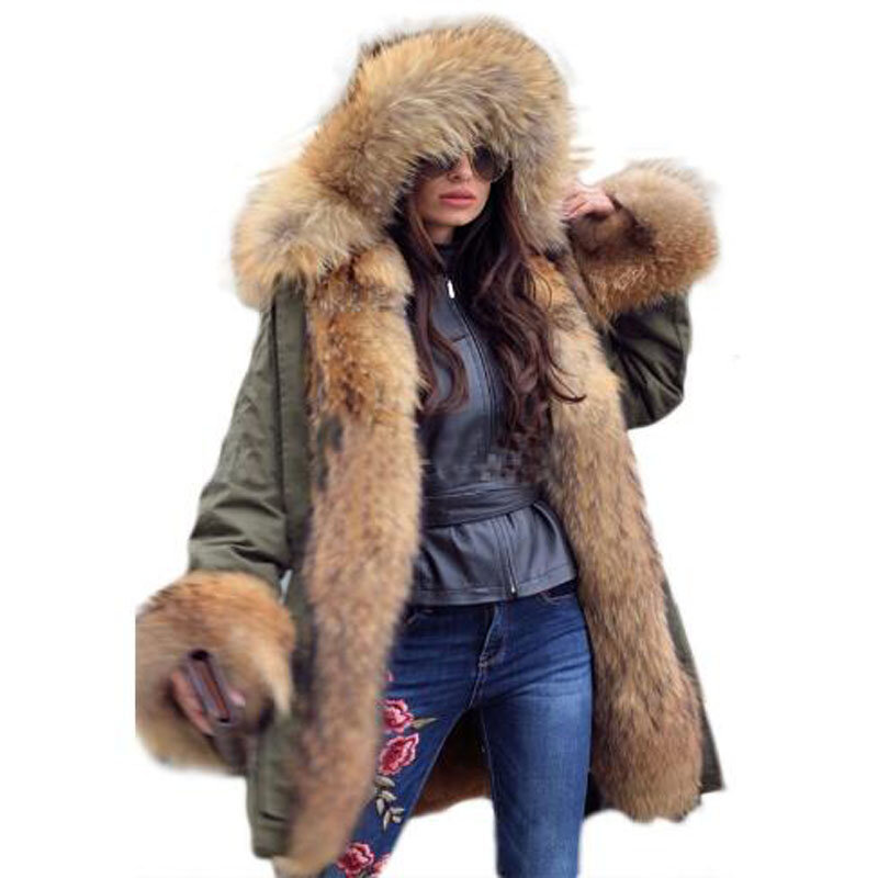 Women's Winter Coat Black Long Parkas Faux Liner Real Raccoon Fur Collar 2022 New Casual Jacket Luxury Clothing Waterproof