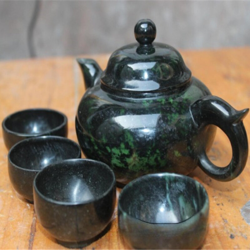 Juego de té de Jade verde oscuro, tetera, taza de té, varios imanes activos, decoración