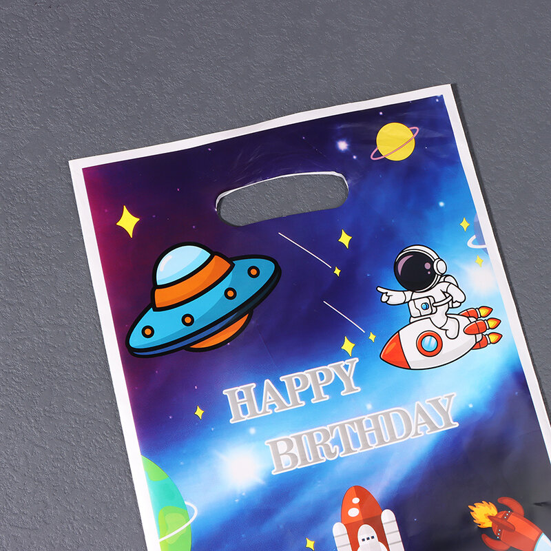 Espaço Astronauta Gift Bag, Spacecraft Birthday Plastic Handbag, Happy Birthday Party Supplies, Kids Favor Loot Bags, 10Pcs