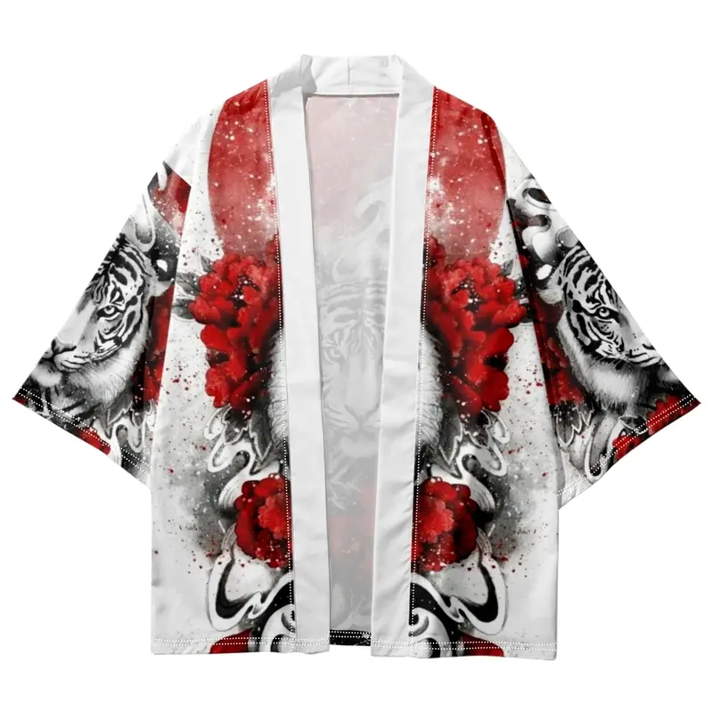 Tiger Print Beach Japanese Style Kimono Streetwear Men Women Cardigan Cosplay Haori Yukata Harajuku Tops Robe Japan