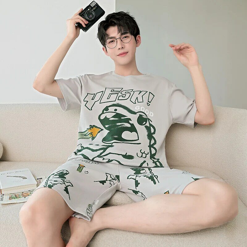 pijama hombre男性夏の綿のパジャマ用睡眠半袖トップ寝具セットプラスサイズカジュアル印刷ホームウェアレジャー