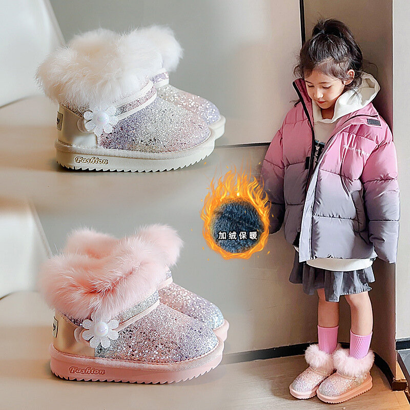 Botas infantis de lantejoula neve, bota de veludo quente para meninas, sapatos de algodão infantil, bebê, inverno