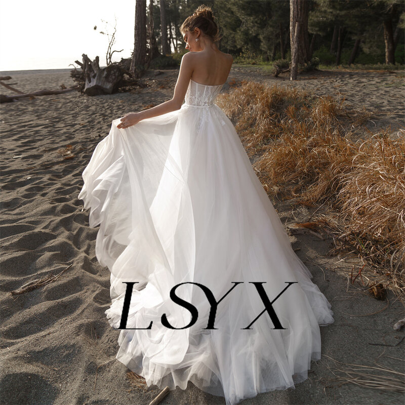 LSYX-vestido de novia bohemio sin tirantes, traje de tul brillante con cuentas y cremallera en la espalda, corte de corazón, tren, novia