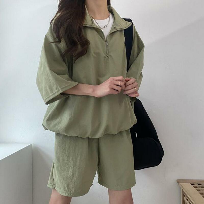 2 Pcs/Set Women Loose Tracksuit Zippered High Collar Lapel Half Sleeves Loose Top 2024 Summer Casual Sportswear Outfits