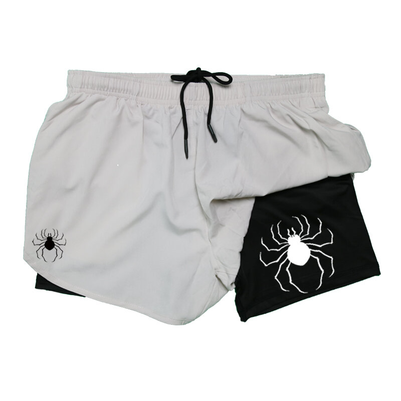 Pantalones cortos 2 en 1 con estampado de araña para hombre, ropa deportiva para gimnasio, secado rápido, transpirable, con bolsillo para teléfono
