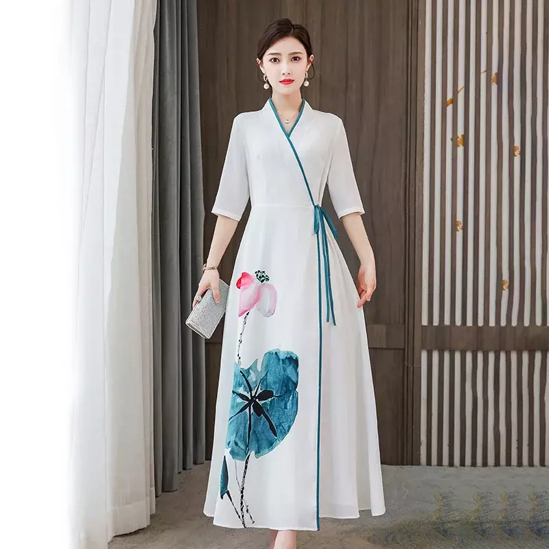 Vestido tradicional chinês hanfu para mulheres, vestido longo, elegante, fino, oriental, nacional, traje chinês, vestidos brancos, estampa harajuku, vintage