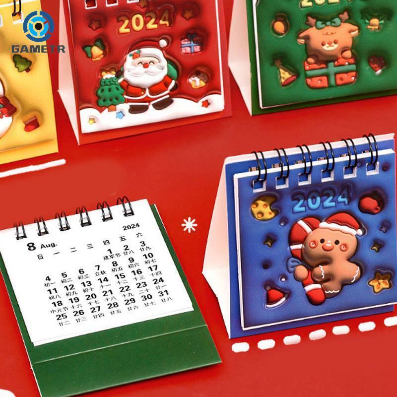 Mini 3D Cartoon Pattern Table Calendar, Decoração Desktop Student, Relógio Diário em Auto-Tolerância, Pequeno Calendário de Natal, 2024