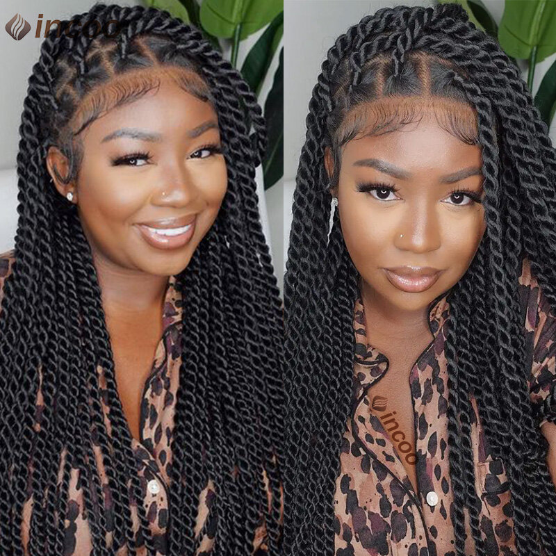 Synthetic Large Box Braided Wigs Senegalese Twist Braids Faux Locs Knotless Full Lace Front Wig For Women Jumbo Tribal Braid Wig