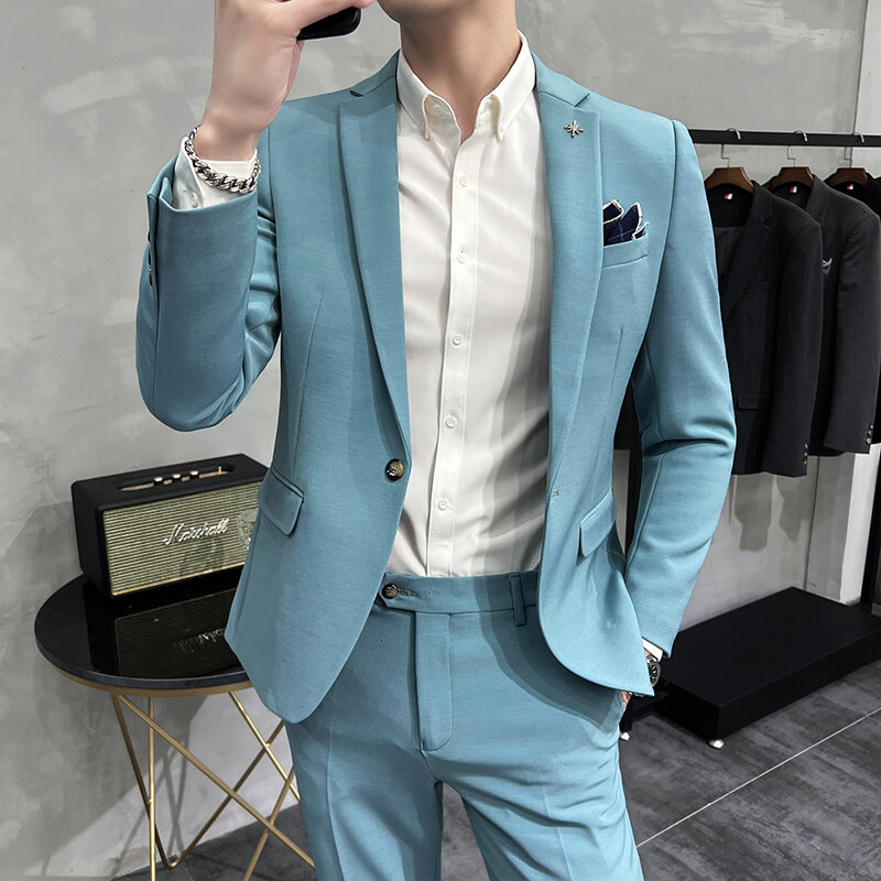 Traje de negocios para hombre, chaqueta y pantalones ajustados, blazer informal de Color sólido, esmoquin, 2 piezas