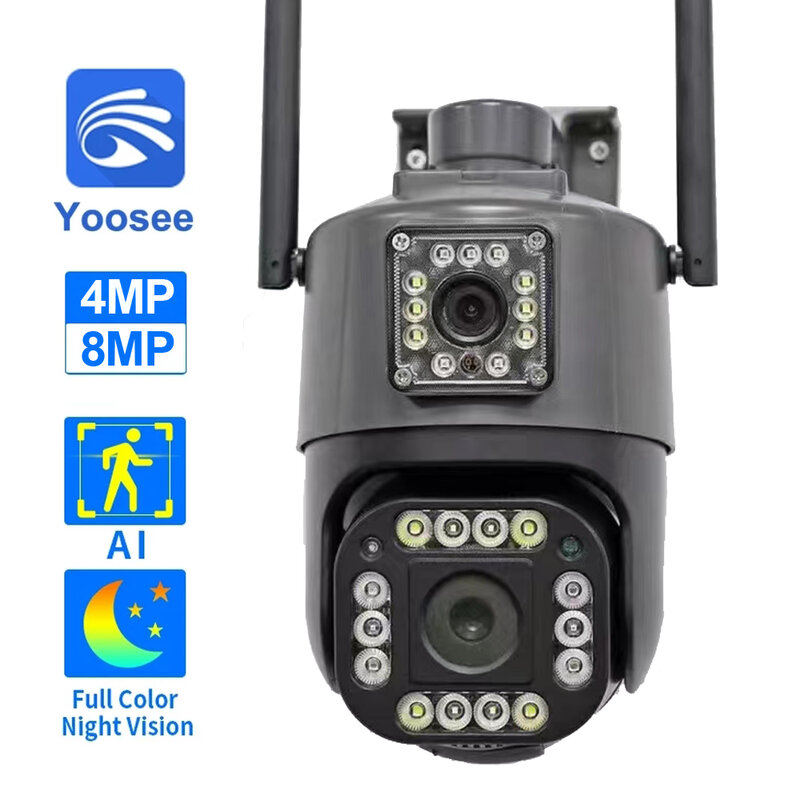 Yoosee-PTZ Dual Lens Dual Screen Câmera ao ar livre, Câmera de Segurança de Vídeo, Auto Track Color Night Vision, CCTV, 4K, 8MP, 8MP, H.265