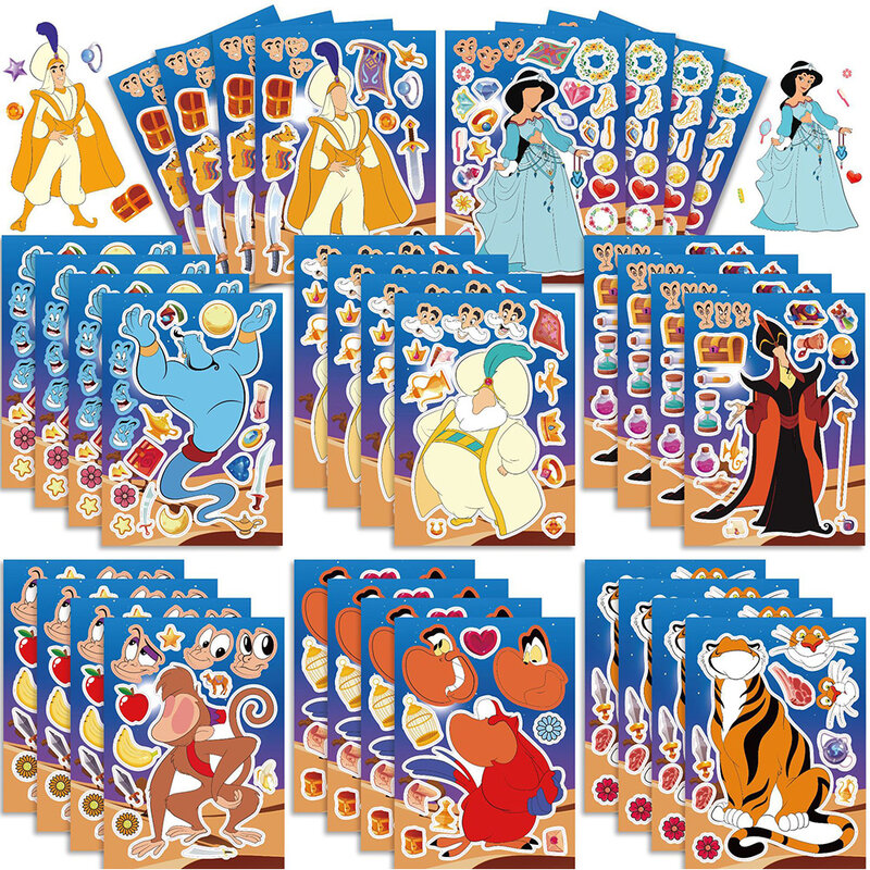 8/16 Vellen Disney Aladdin Prinses Jasmijn Kinderen Puzzel Stickers Maken Een Gezicht Diy Spel Cartoon Puzzel Kind Educatief Speelgoed Cadeau
