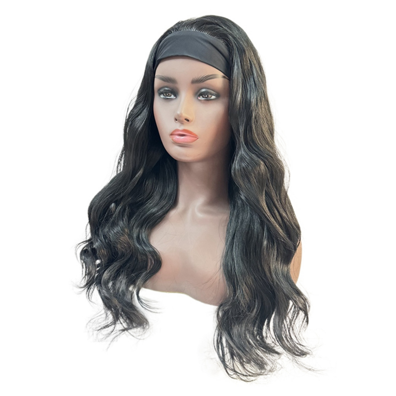 Wig hitam wanita, rambut palsu es 22 inci, Wig hitam panjang ikal, Set kepala penuh, Wig serat kimia terbaik