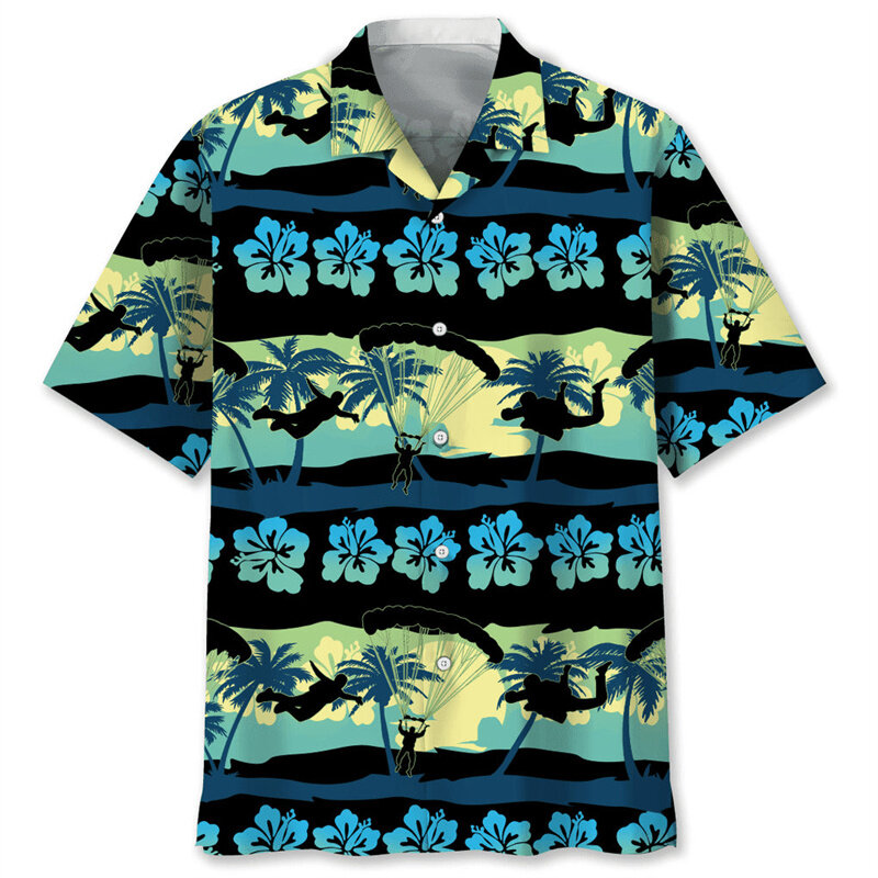 Camisa hawaiana con estampado 3d de flores tropicales para hombre, Blusa de manga corta con botones y solapa, patrón de paracaidismo, Verano