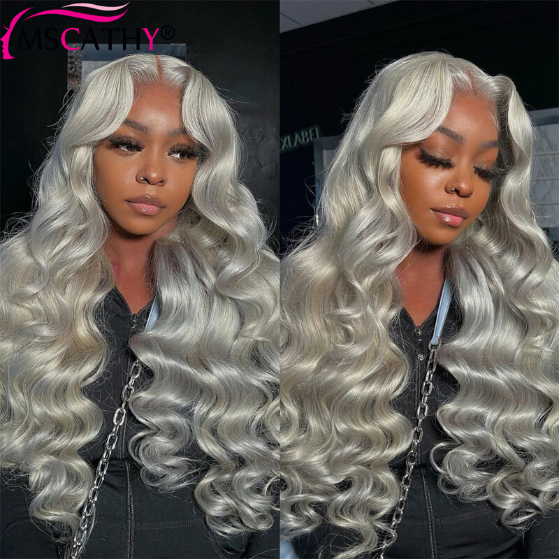 Wig renda depan transparan 13x4 HD warna perak abu-abu untuk wanita gelombang tubuh longgar Wig rambut manusia Virgin Brasil mulus
