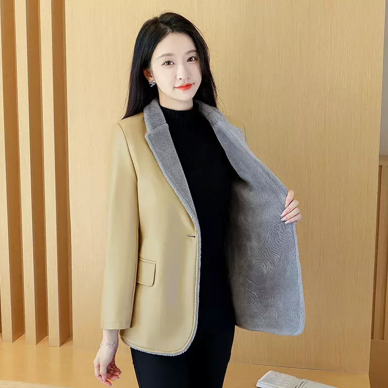 여성용 우아한 봉제 블레이저 가죽 재킷, 캐주얼 스트리트웨어, 가을, 겨울, 2023