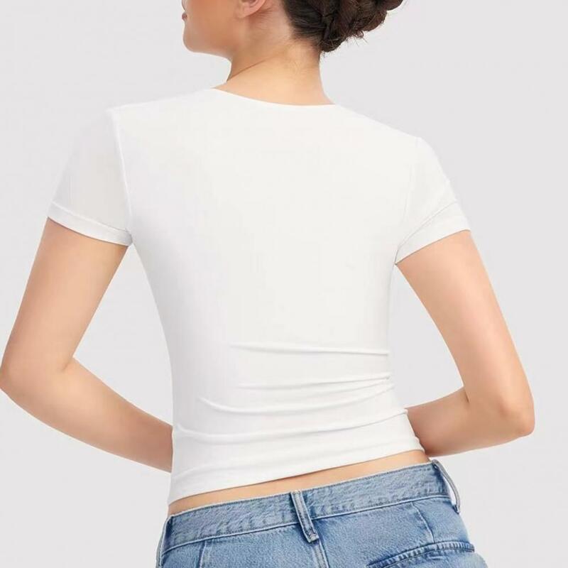 Damska letnia koszulka koszula kwadratowy kołnierzyk krótki rękaw pulowerowe topy Slim Fit jednolity kolor t-Shirt damski seksowna sukienka podstawowy T-shirt