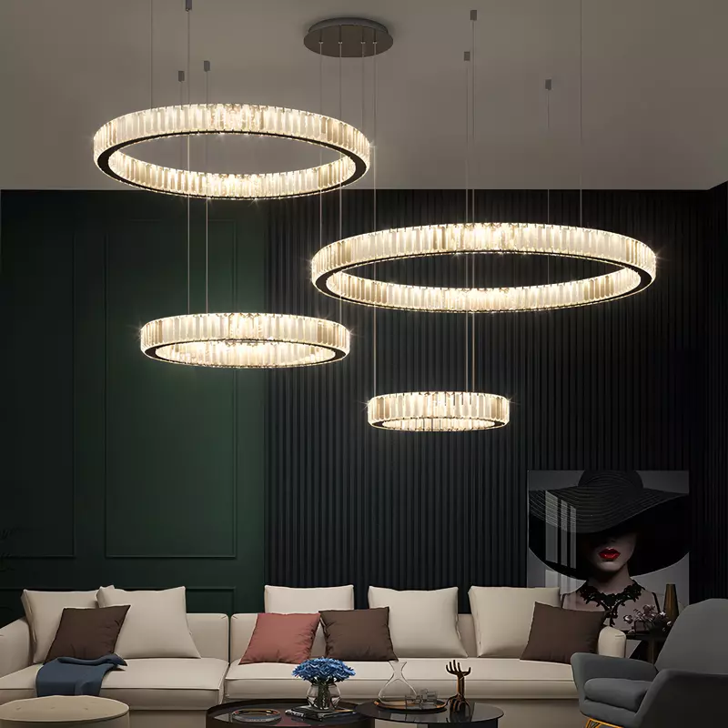 Candelabros modernos de lujo para sala de estar, luces colgantes de cristal regulables, anillos de acero, accesorio de luces Led, lámpara de suspensión