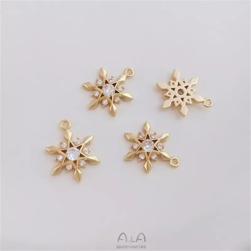 Pendentif flocon de neige étoile à six branches, enduit d'or 14 carats, classique, bricolage, bijoux faits à la main, collier, breloque, K291