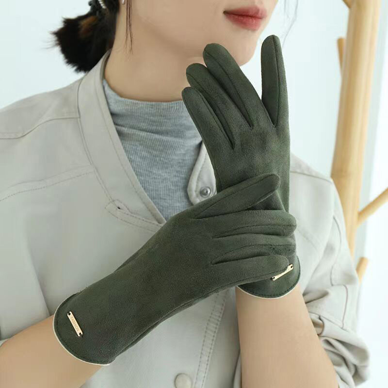 Nowe damskie rękawiczki do ekranów dotykowych modne rękawiczki jesienno-zimowe ciepłe cienkie, solidne, zamszowe tkaniny rowerowe eleganckie wiatroszczelne rękawice