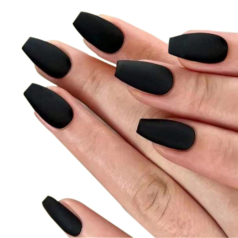 24pcs Medium Ballerina Shaped Matte black Fashionable Wearable False Finger Nails 1pc Nail File & 1Nail Glue Sticker Kit Nails